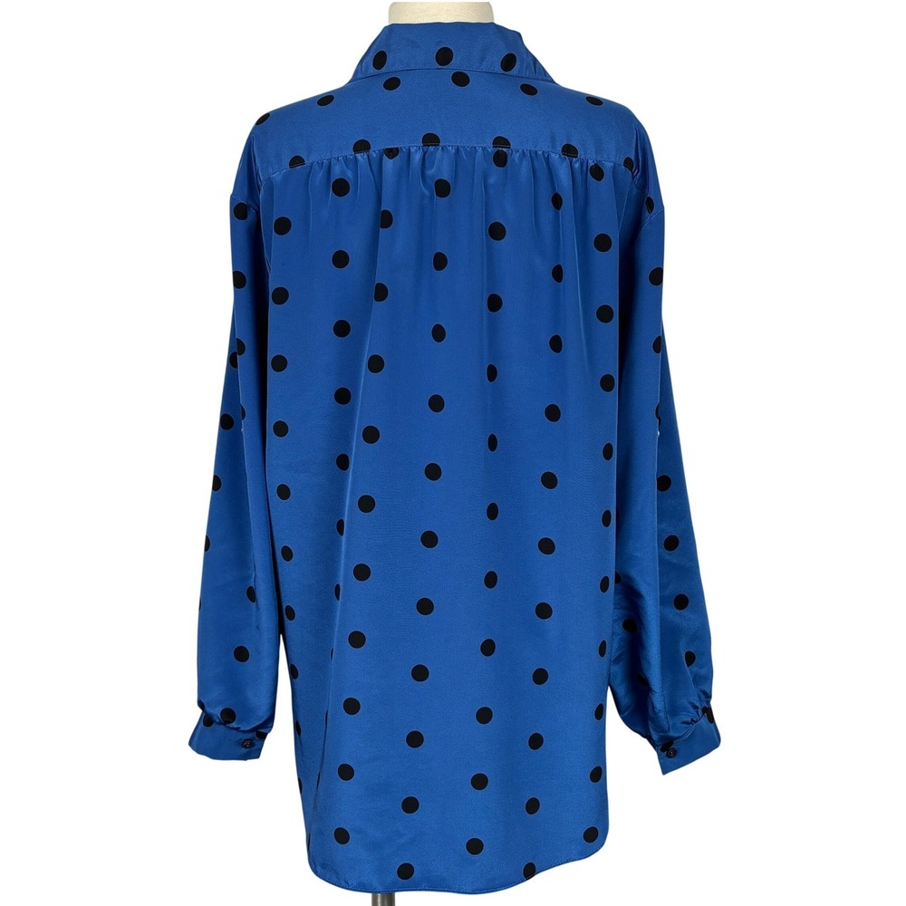 Blue Black Polka Dot Button Front Tunic Blouse Long Sleeve Roll Tab XL - Picture 2 of 12